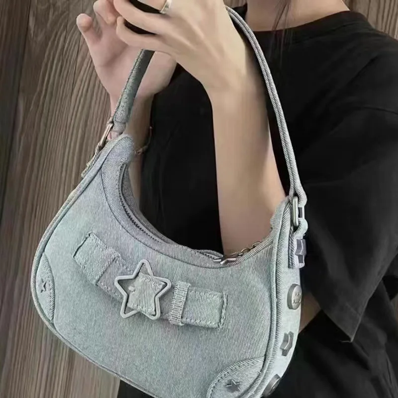 Vintage Star Handbags for Women Fashion Hobos Shoulder Underarm Bag Ladies Crescent-shaped Pu Leather Armpit Purses Y2k Cool Bag