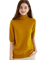 Suéter de manga corta para mujer, ropa de punto de lana merina, Tops Vintage, jersey de cuello alto, 2023, novedad de 100%