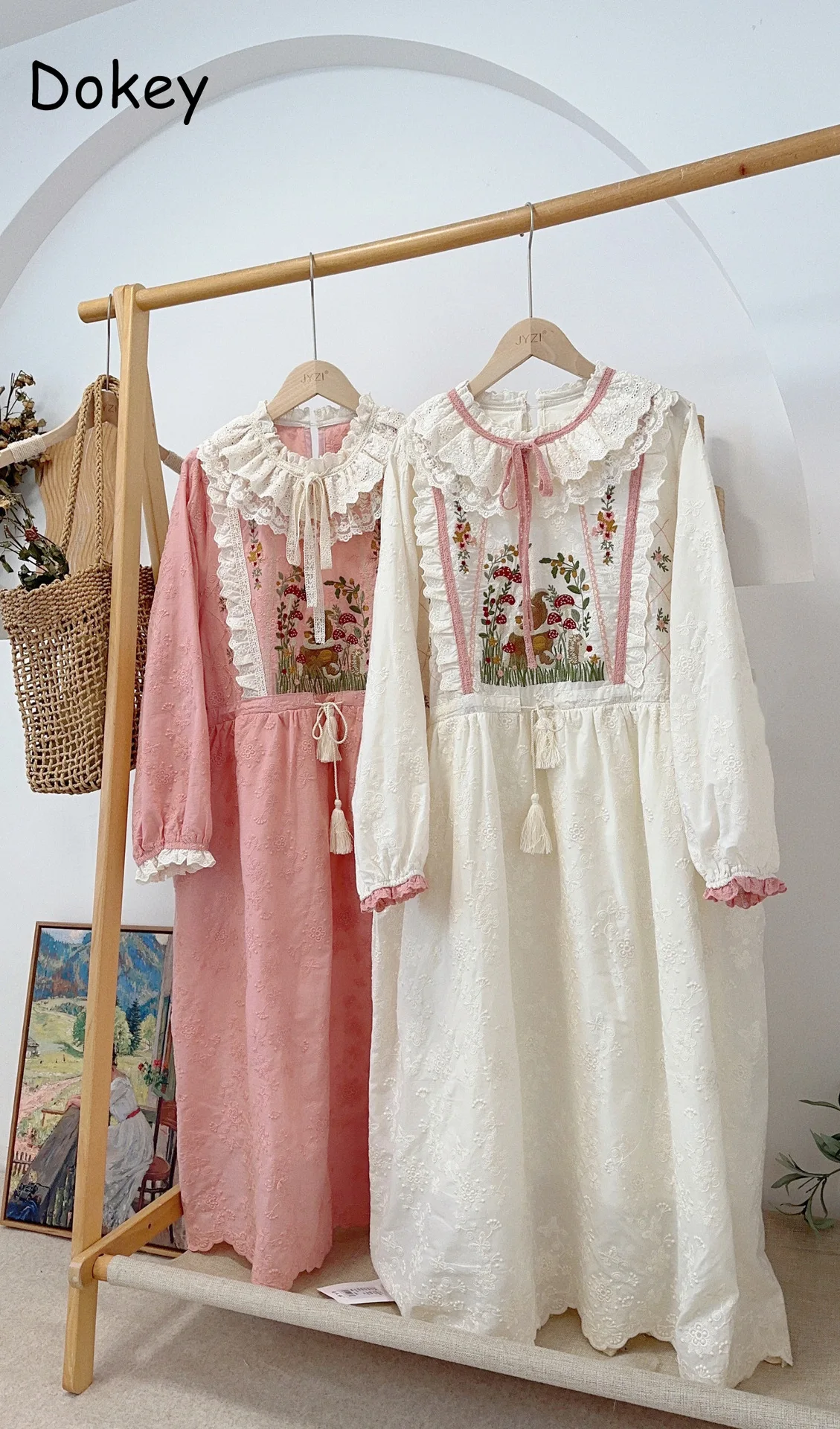 Mori Girl Lace Doll collar Patchwork Dress Women Autumn Vintage Floral Embroidery Long Sleeve Drawstring Cotton Linen Dress Robe