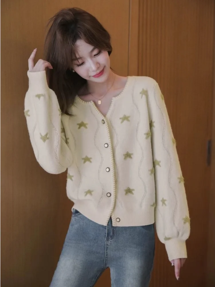 2024 Spring Autumn Star Jacquard Knitted Cardigan Sweater Women Vintage V Neck Long Sleeve Casual Lazy Knitwear Tops Jumper