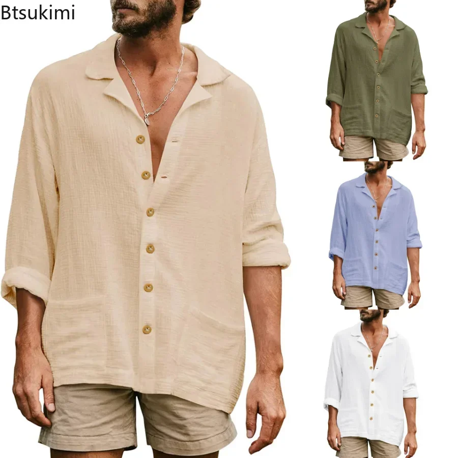 2024 Men\'s Casual Lapel Long Sleeve Shirts Tops Solid Loose Oversized T Shirt Men Cotton Linen Shirt Fashion Hawaiian Shirt Male