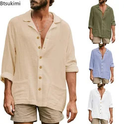 2024 Men's Casual Lapel Long Sleeve Shirts Tops Solid Loose Oversized T Shirt Men Cotton Linen Shirt Fashion Hawaiian Shirt Male