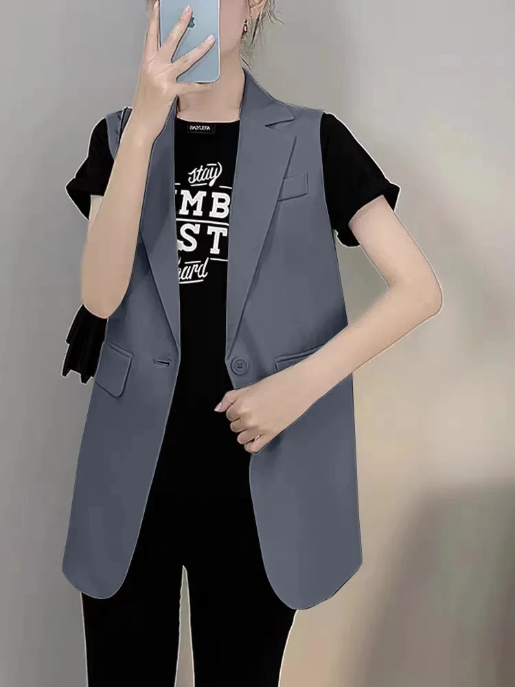 2025 여성 봄 여름 정장 조끼 자켓 여성용 가을 중간 길이 민소매 양복 조끼 정장 조끼 한국 느슨한 조끼 블레이저