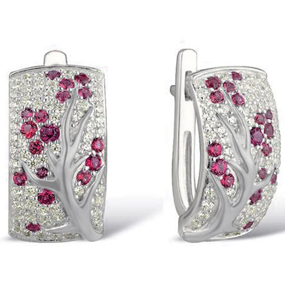 Colorful Cubic Zirconia Hoop Earrings For Women 925 Sterling Silver Plant Plum Flower Earrings For Women/Girls Fashion Jewelry