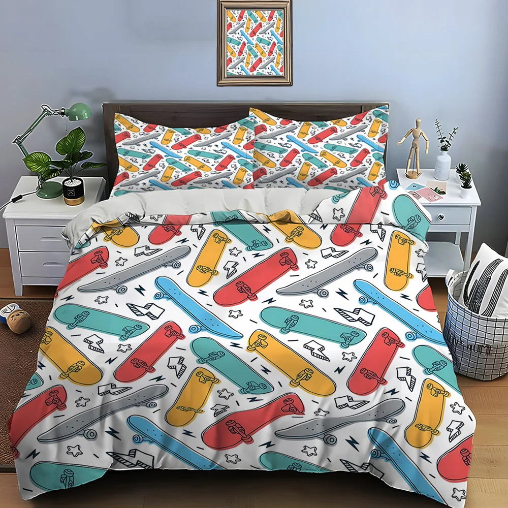 Colorful skateboard doodle elements Bedding Set for Kids Luxury Gift 3pc Digital Print Comforter Set Soft Comfortable Breathable