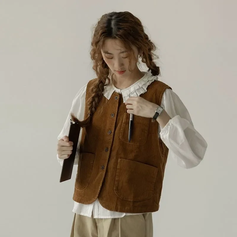 

Japanese Corduroy Horse Clip for Women 2025 Autumn New Retro Sleeveless Top
