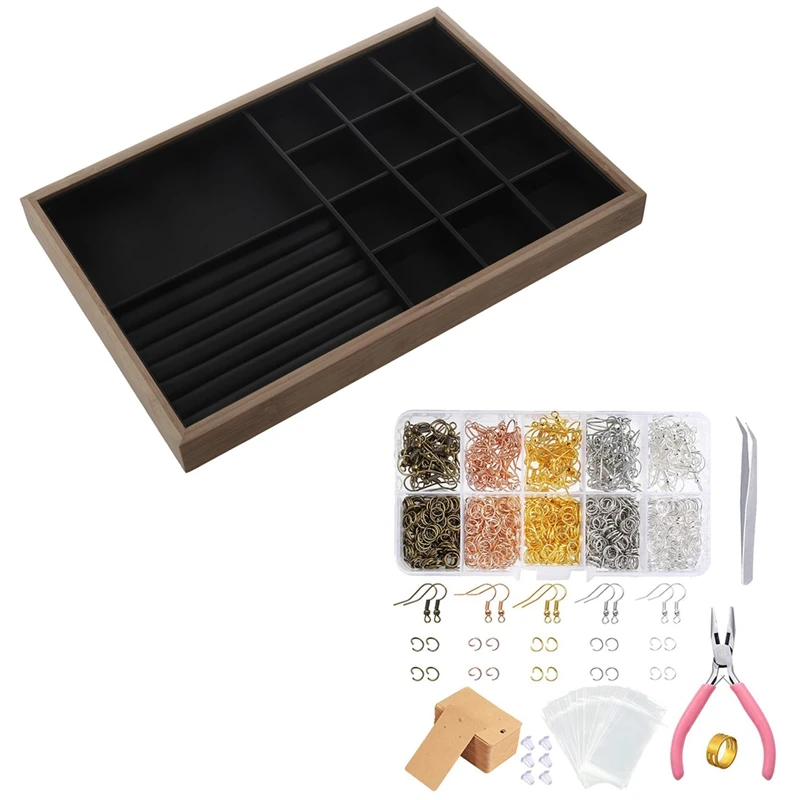 

Bamboo Wood Jewelry Display Jewellery Tray Black With 1553Pcs Earring Accessories Five-Color Single Circle