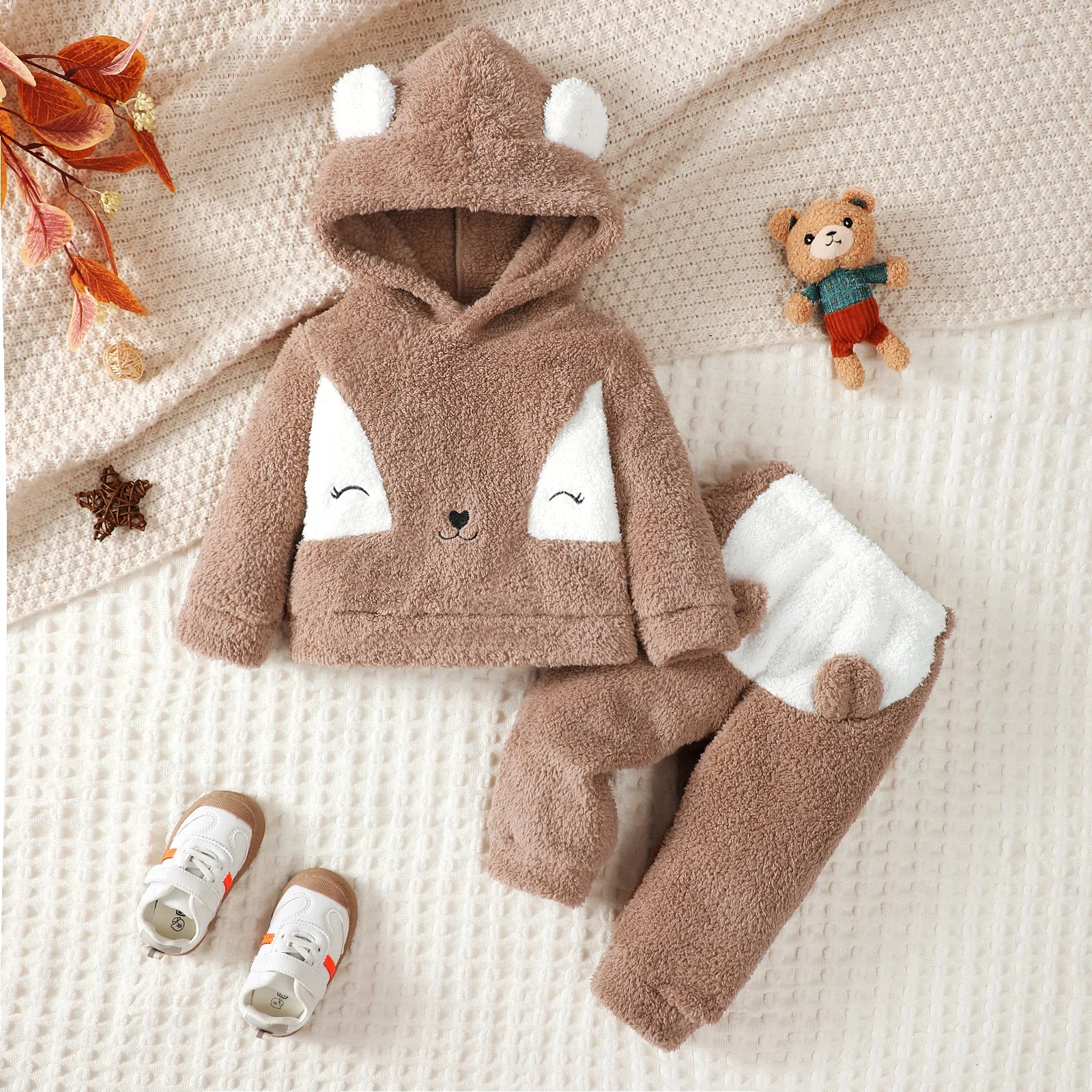 Baby Boys and Girls 2PCS Clothing Set Cartoon Pattern Hooded Long Sleeved Plush Suit Winter Warm Outfit for Toddlers 0-3 Years