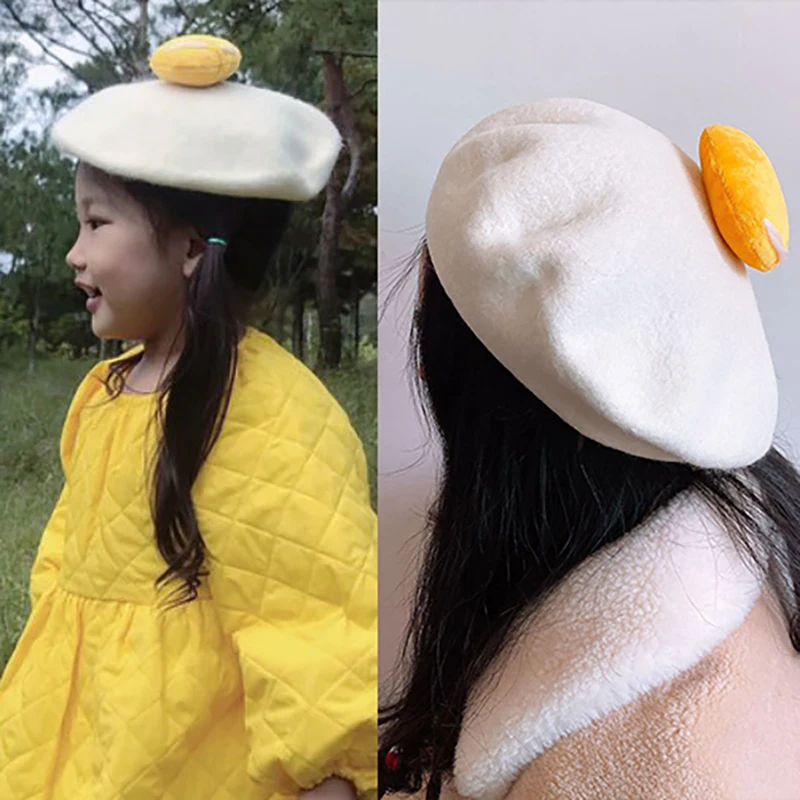 Women Cute Hats Yolk Handmade Wool Felt Painter Creative Parent-child Hat Cute Child Baby Poached Egg Beret Fashion Ladies Cap