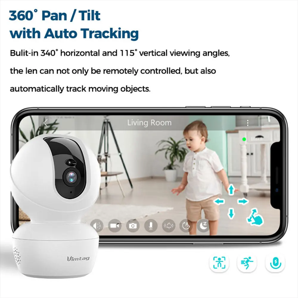 VIMTAG 3.5K WIFI Camera Indoor Security Cam 360 PTZ Auto Track IR Night Vision AI Detection Baby Monitor Surveillance Camera IP