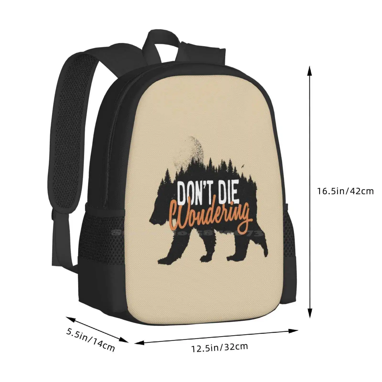 Don't Die Wondering 3D Print Design Rugzak Studententas Natuur Beer Die Trees Moon Wonder Pija soi