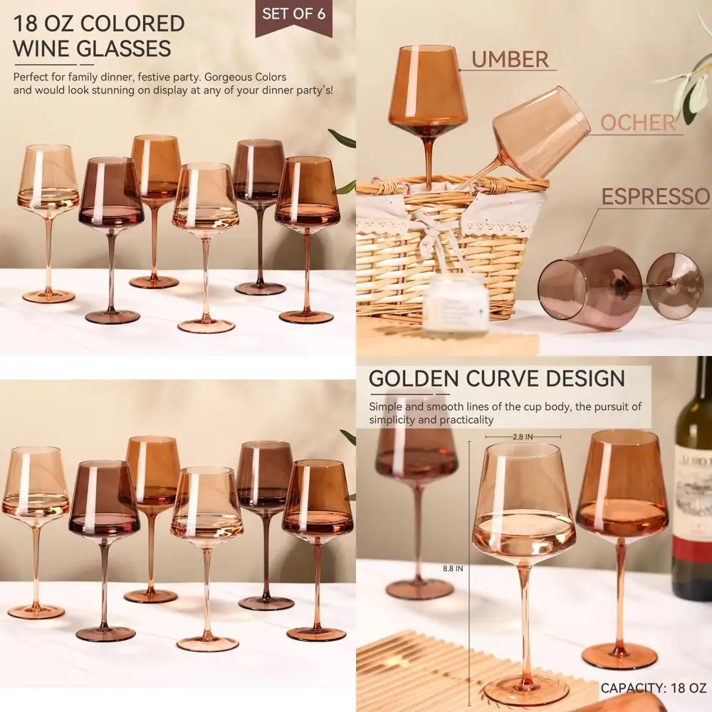

Set of 6 Handcrafted 18oz Amber Crystal Stem Wine Glasses - Ideal for Autumn/Winter Wine Events