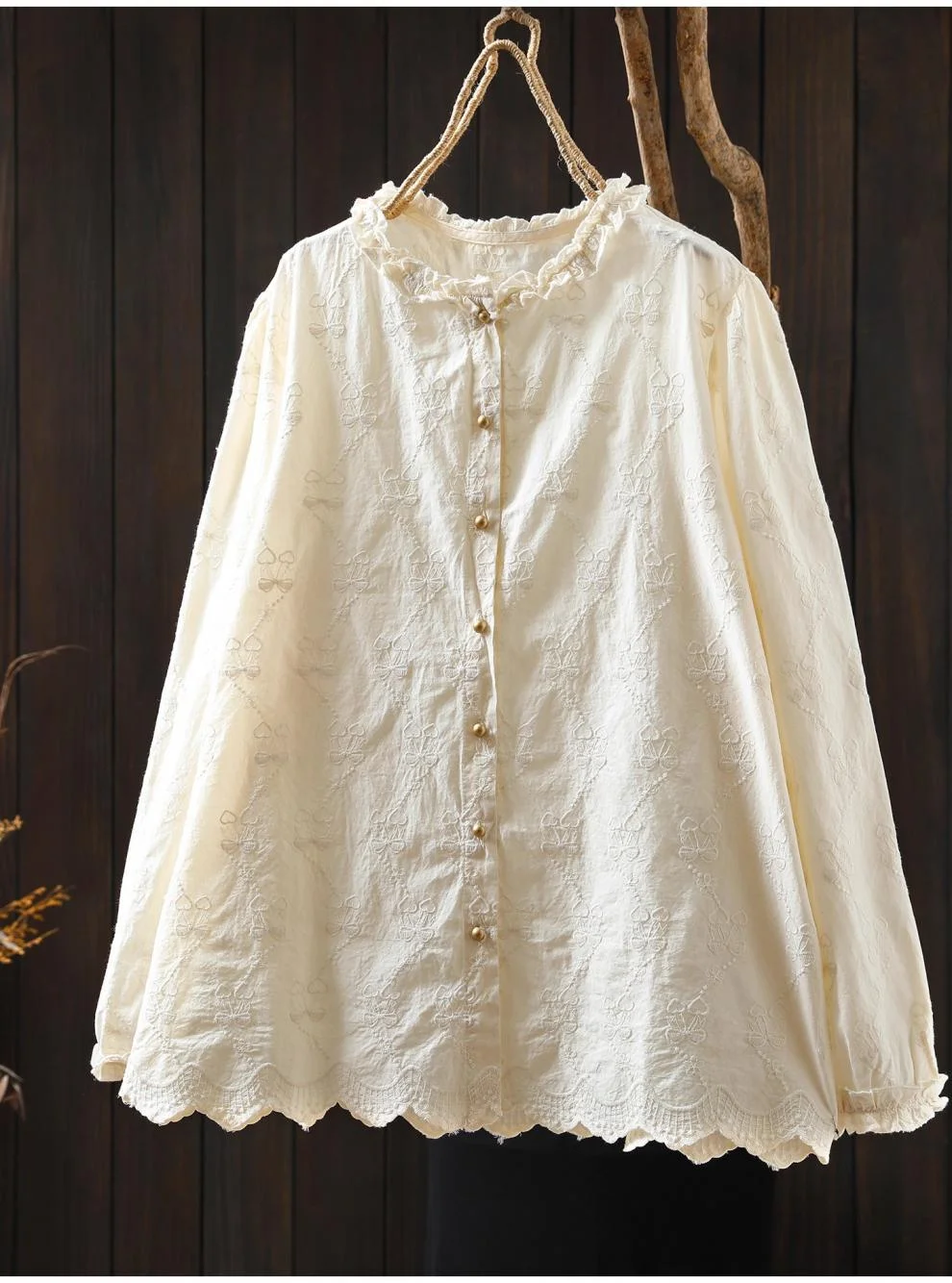 Herbstkleidung für Damen im japanischen Stil, 100 % Baumwolle, weiß, beige, Spitze, bestickte Hemden, Langarmblusen, Oberteile, Damenkleidung