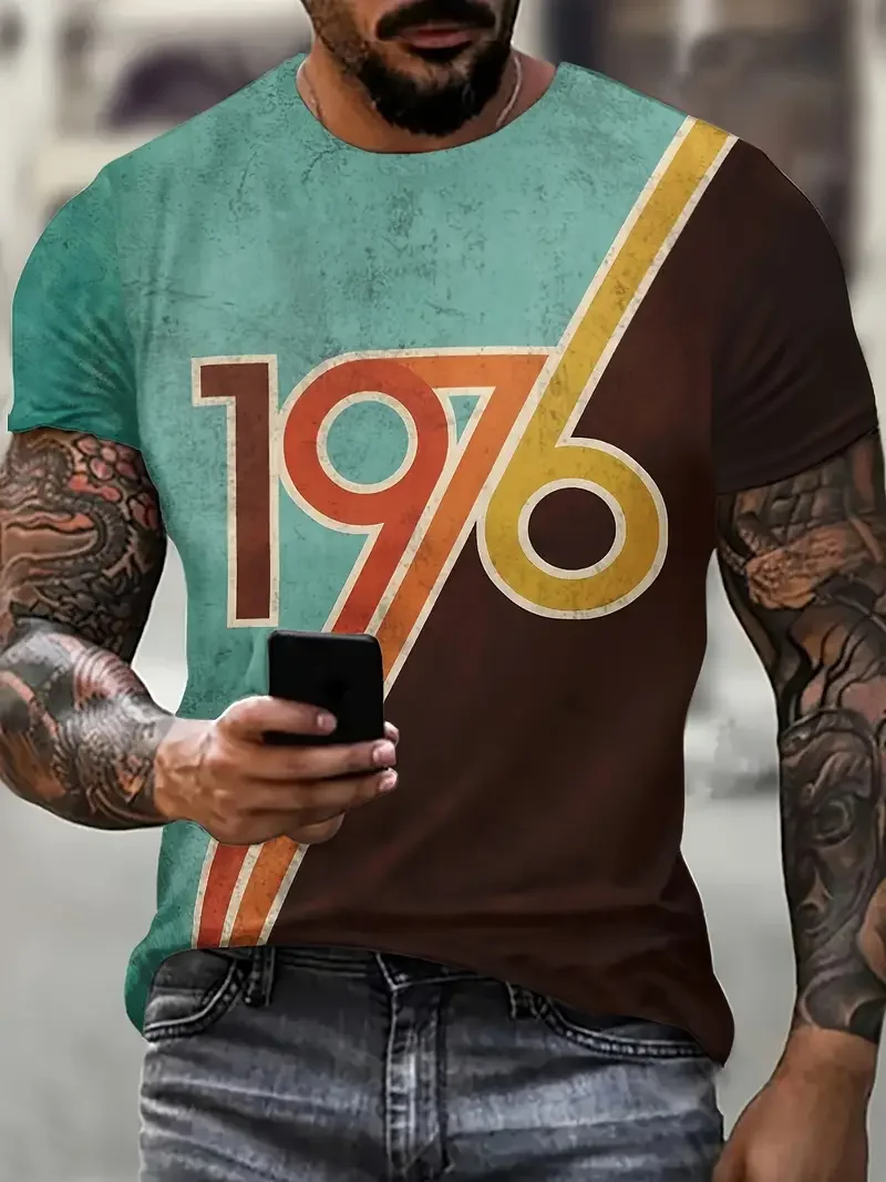 Men's Vintage 1976 Letter Print Short Sleeve Crew Neck T-Shirts, Comfy Breathable Casual Tops, Men's Clothing