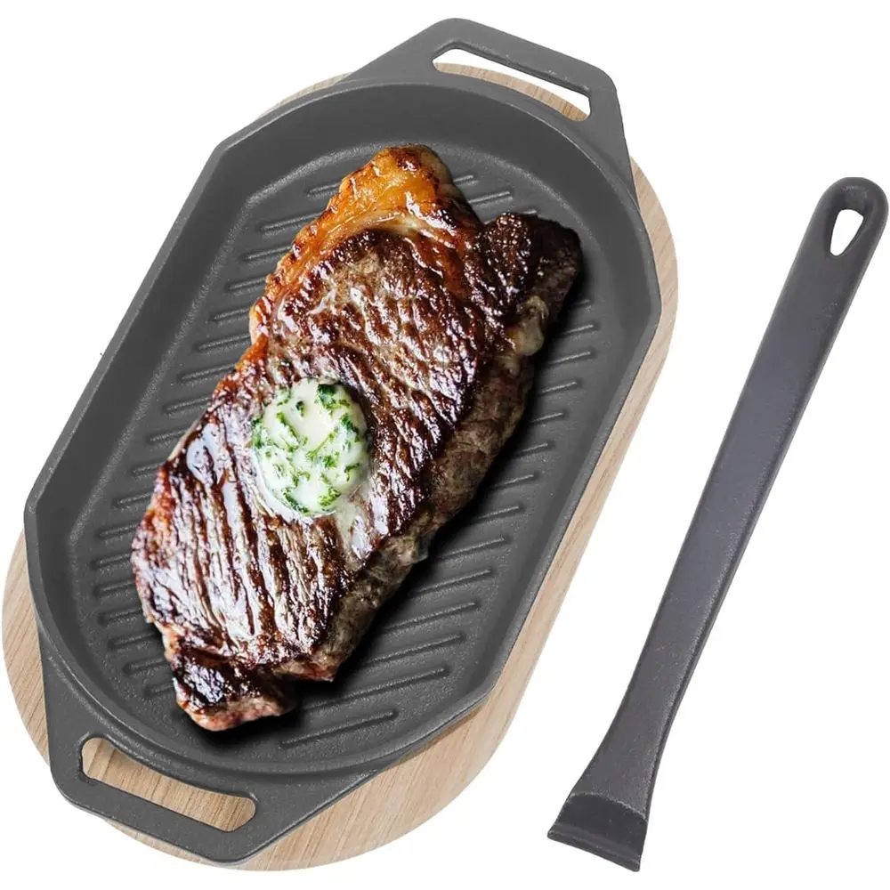 

12 Oval Cast Iron Pizza Pan with Wooden Base for Indoor/Outdoor Grilling and BBQ, Removable Handle