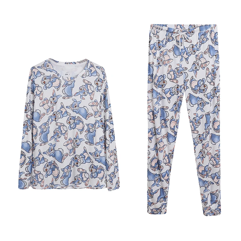 Women's Cartoon Print Long Sleeve Home Clothes Sleepwear Loose Skin-friendly Soft Cute Anti-aging Set Comfortable Cotton Blend