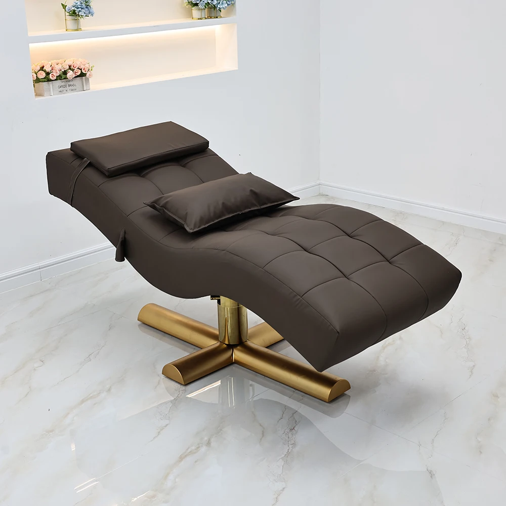 Luxury S Curve Eyelash Bed Gold Metal Base PU Leather Reclining Facial Massage Beauty Salon Spa Treatment Lounger with Pillows