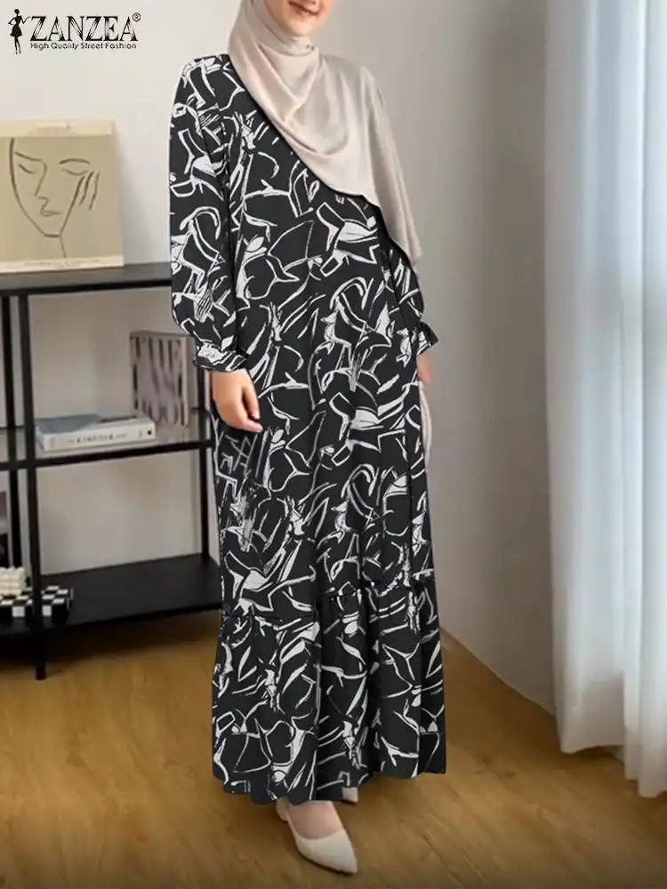 ZANZEA Elegant Women Ruffle Hem Sundress Fashion Floral Print Vintage Long Sleeve Islamic Vestido Abaya Muslim Dress Robe Femme