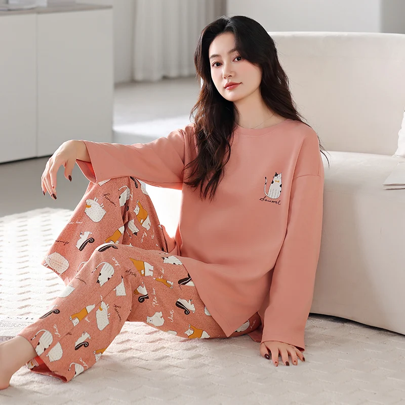 

Newest Autumn Women Pajamas Set 100%Cotton Sleepwear Female Cute Cartoon Long Sleeve Pyjamas