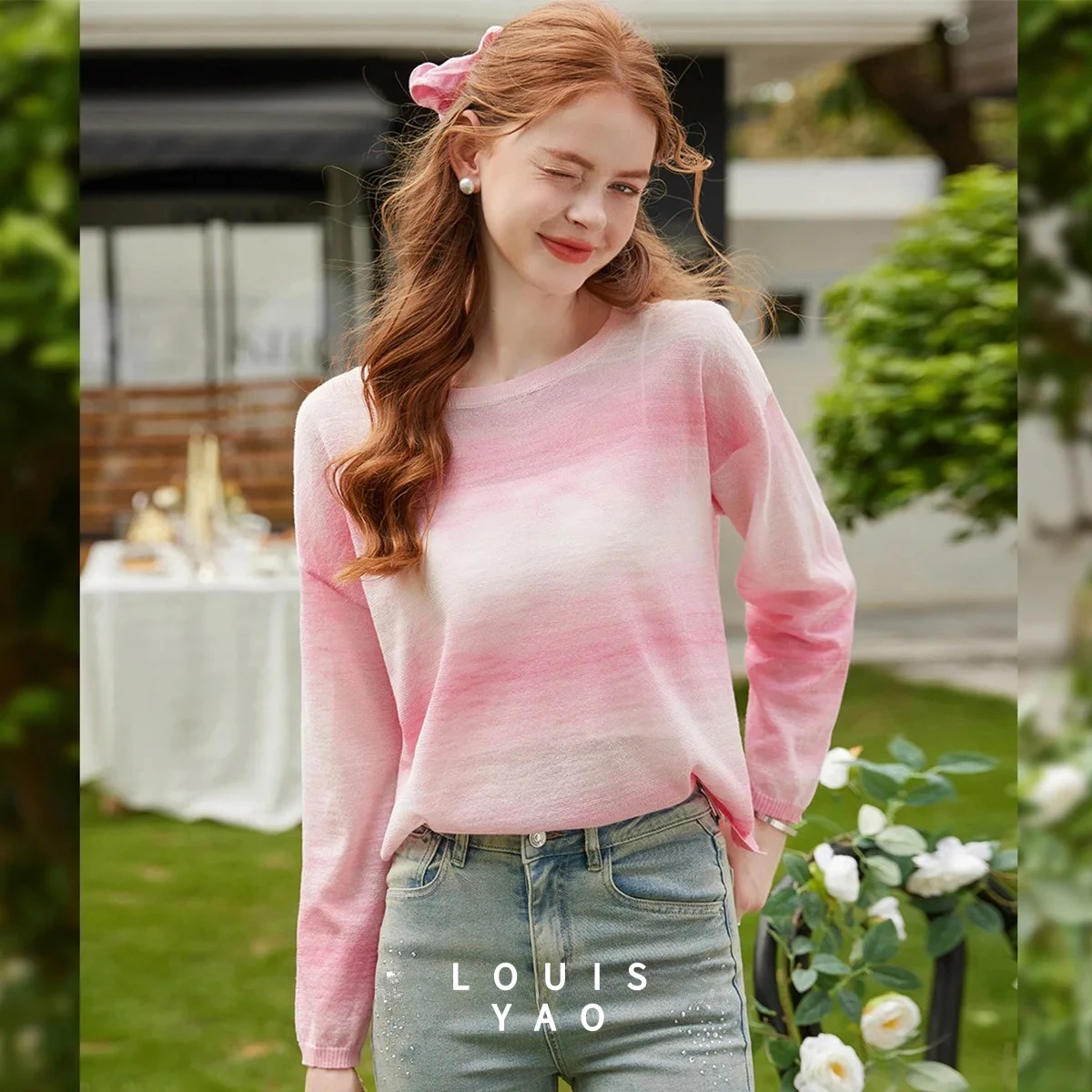 

LOUISYAO Sweet Soft Gradient Color Long-Sleeve Knitted Sweater 2025 Autumn Slightly Stretchy Pullover Women's Knitwear Tops