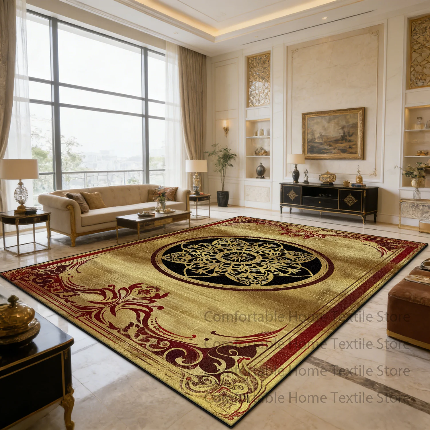 Golden Light Luxury Palace Style Large Living Room Rug Decoration Home Non-slip Carpet Washable Short Velvet Coffee Tables Mats