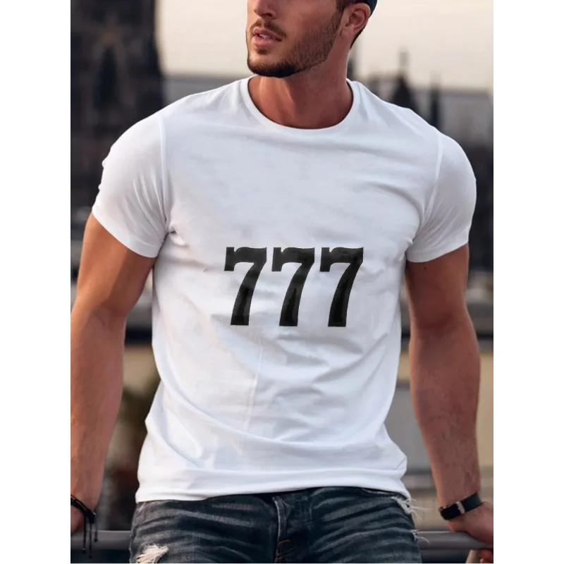 تي شيرت رجالي أسود 777 بنمط مطبوع ونص قطن عالي الجودة 180 جرام