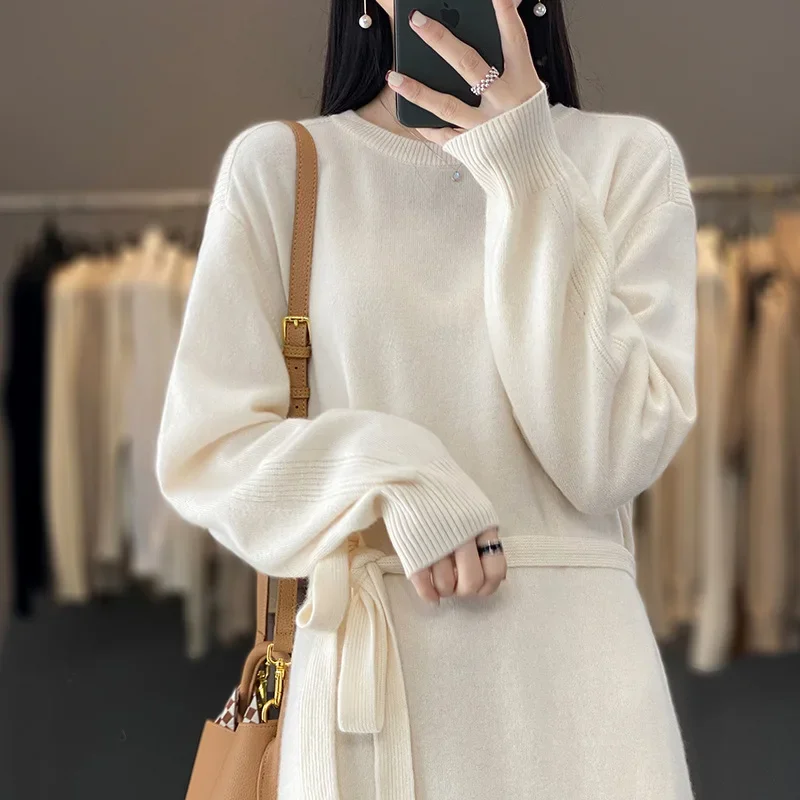 

French Solid Lace Up Round Neck Woolen Loose Straight Long Sleeve Dress Autumn/Winter Basics Casual Knitted Dress For Women