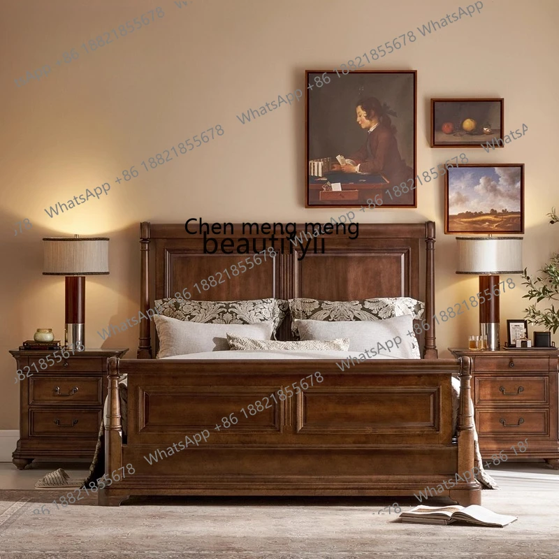 X  Modern classic solid wood double bed storage bedside table, log brown bedroom bed