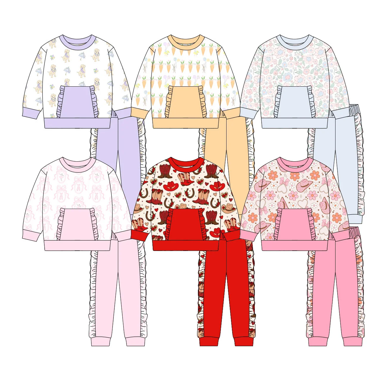 Boutique Western Cowboy  Floral Toddler Girl Outfit Long Sleeve Top + Ruffled Pants Set