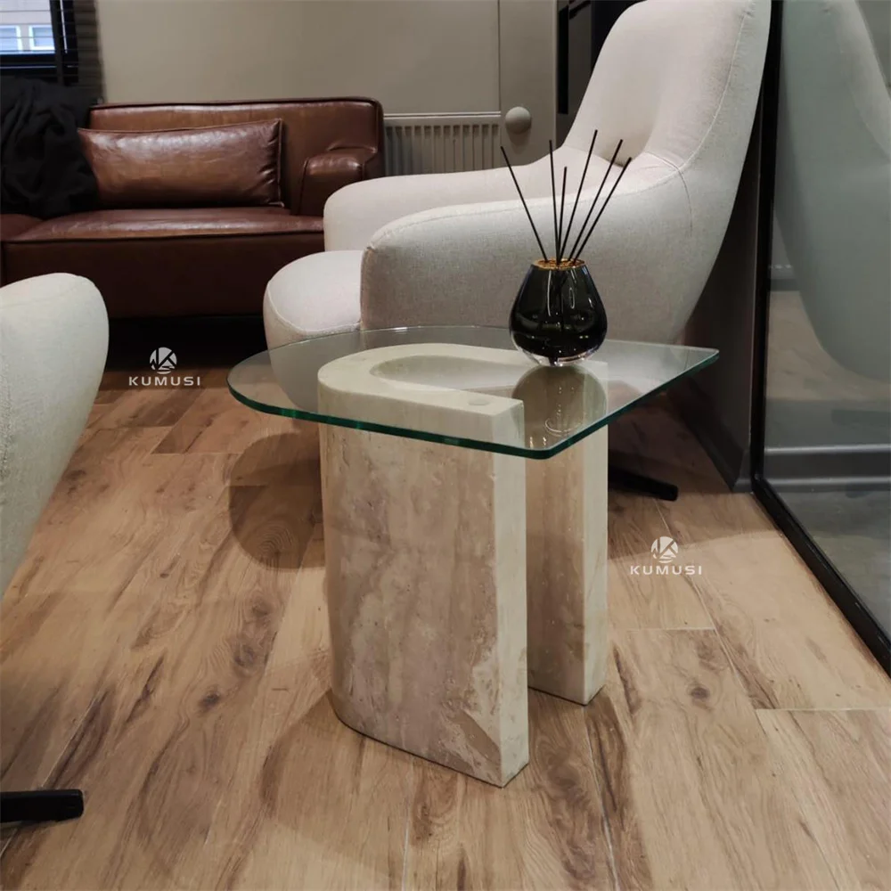 &d Household Concrete Textured Natural Stone Bedside Table Tempered Glass Countertop Small Side Table