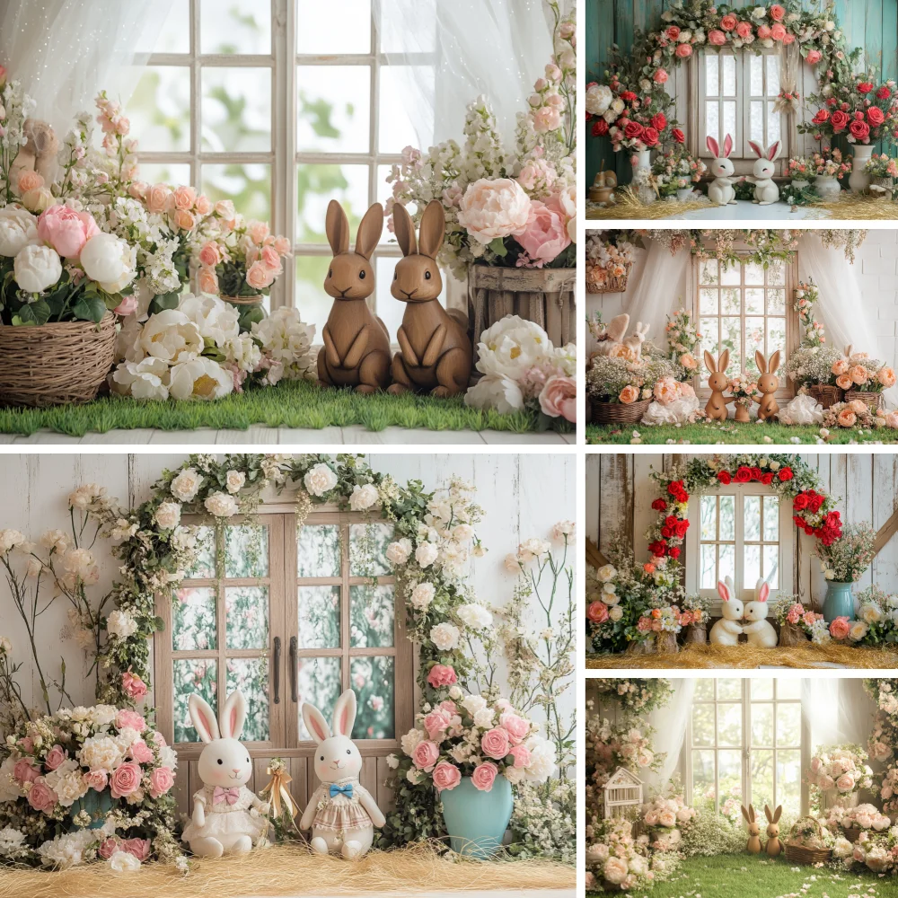 

Spring Easter Photography Backdrop Rabbits Eggs Flower Green Grass Wood Board Rabbit Easter Kids Baby Portrait Photo Studio
