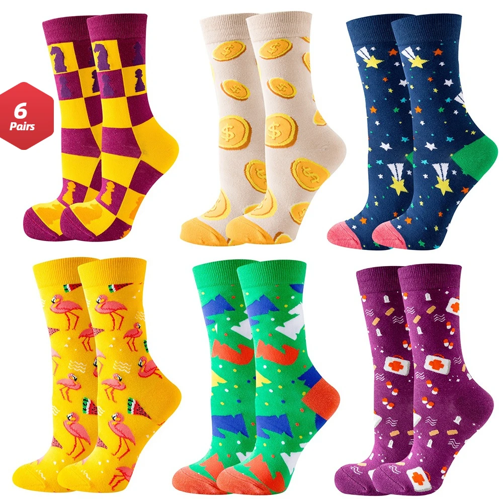 【6 Pair】Novelty Woman Socks Harajuku Cotton Funny Happy Cartoon Cat Dog Pattern Unisex Socks Men Novelty Kawaii Socks