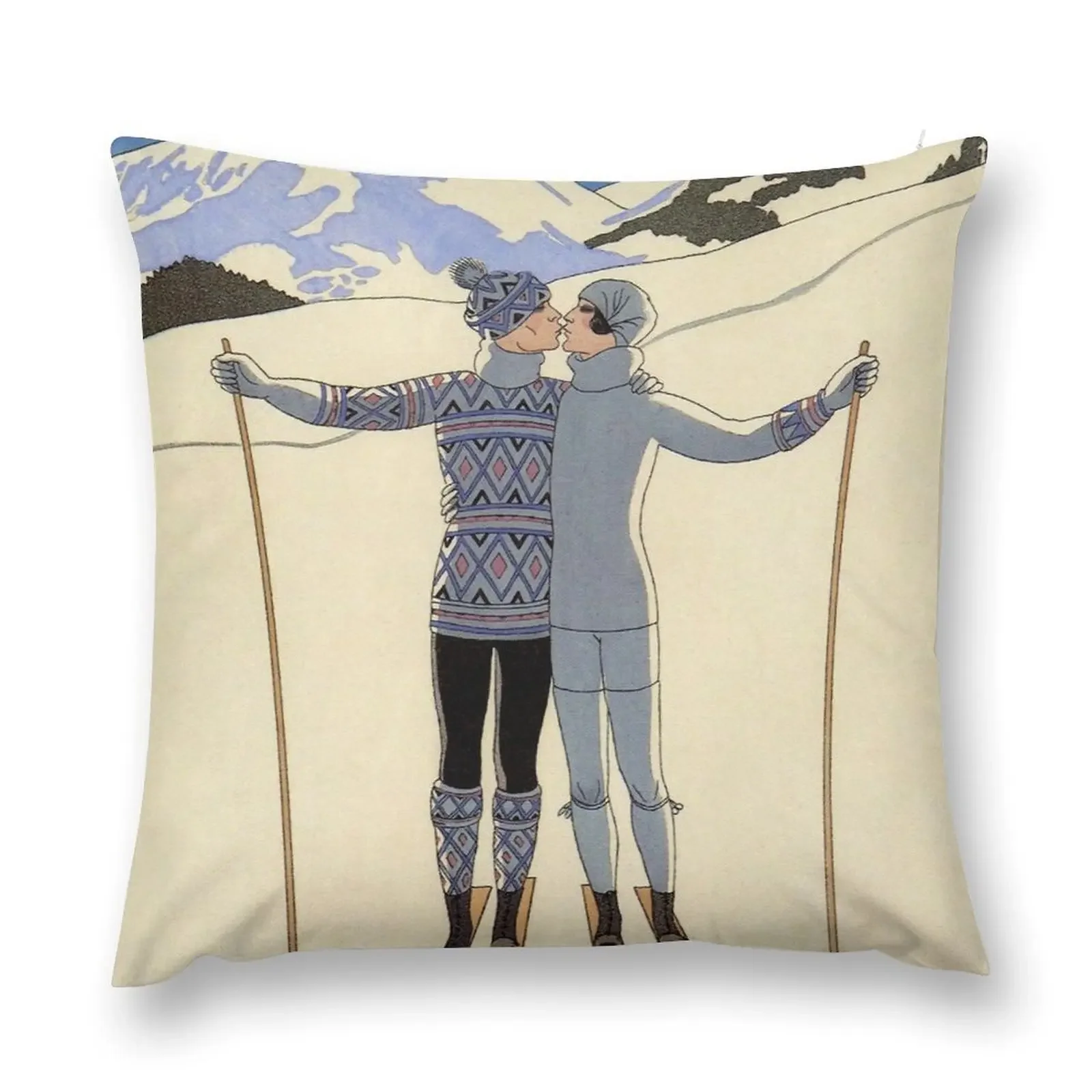 Esqui beijando casal vintage francês esporte moda ilustração lance travesseiro fronha lance travesseiro