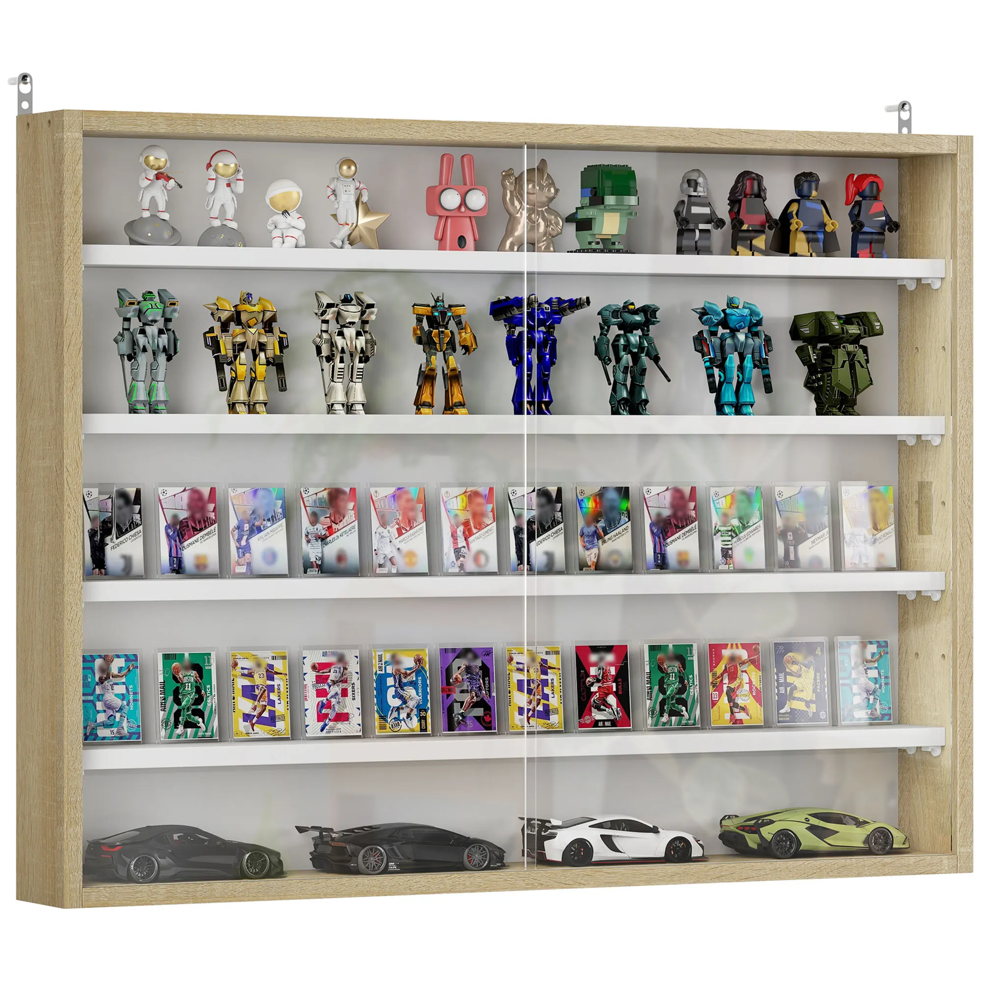 HOMCOM Vitrina de Pared de Madera con Estantes Ajustables y 2 Puertas Correderas de Cristal 80x9,5x60 cm Blanco y Natural