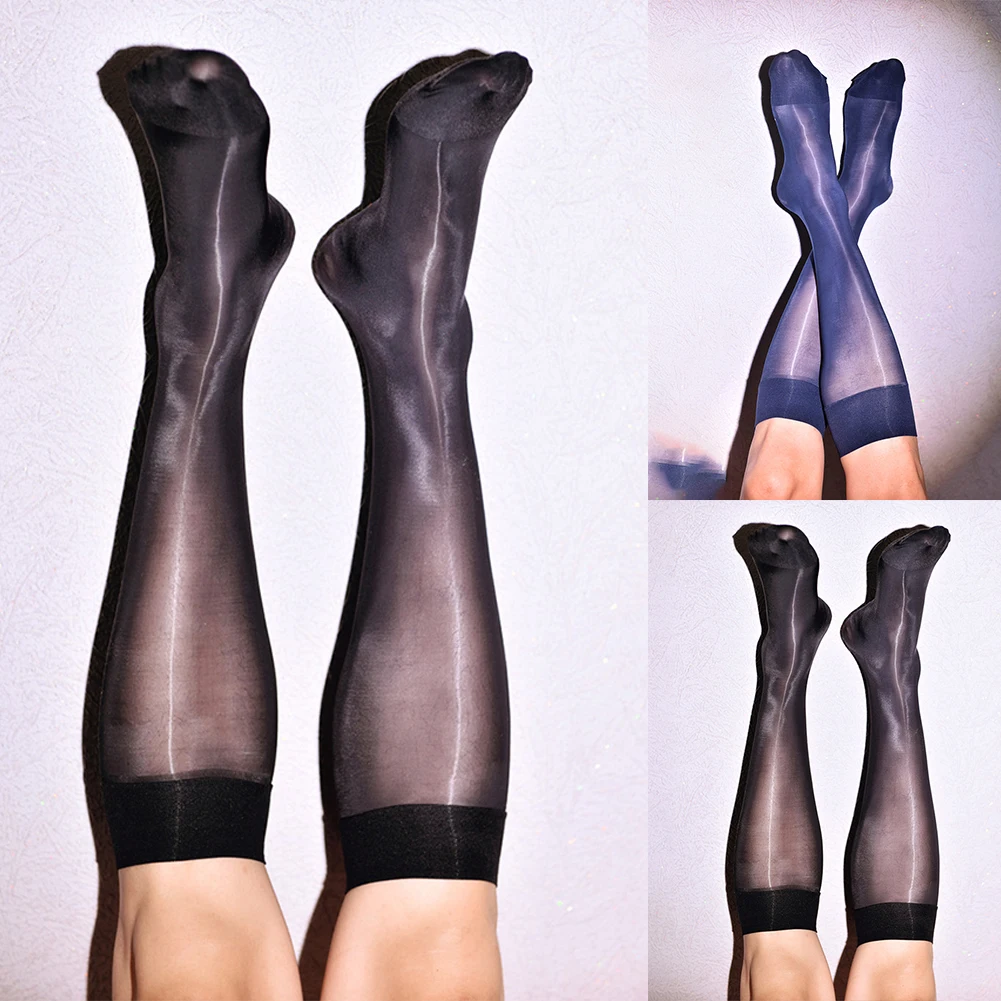 New Oil Shiny Transparent Stockings Stretchy Knee High Socks Hoisery Sheer Pantyhose Middle Tube Socks Sheer Hosiery For Men