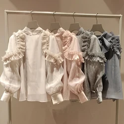 Kuzuwata Pleated Ruffle Lantern Sleeve Bow Shirt Women Tops Fashion Bow Solid Color Blouses Japanese Spring Lace Sweet Blusas