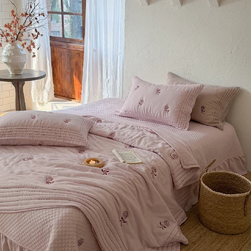 Elegant Cotton Quilted Bedspread 3Pcs Set, Queen Size Solid Color Quilt, Summer Comforter, Ruffled Edge Bedding for Home