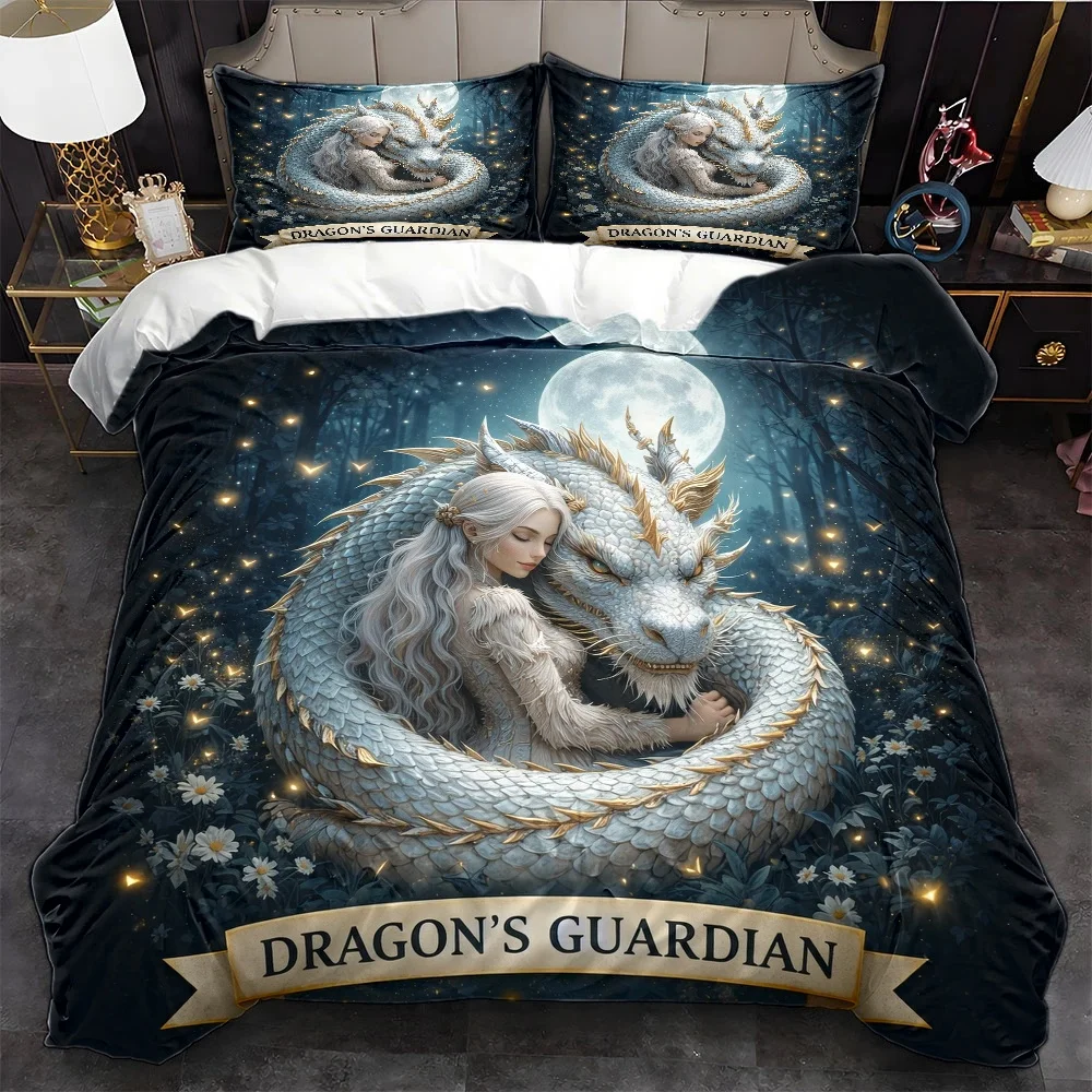 3Pc Dragon's Guardian Fantasy Dragon and Elf Duvet Cover Set, Three-Piece Bedding Set (1*Duvet Cover + 2*Pillowcases), Suitable for All Seasons, Machine Washable, Invisible Zipper Design, Large Double Bed Cover Set, Suitable for Home, Dormitory, Master Bedroom, Guest Room, Dreamy Forest Moonlight Magic Style, Exquisite Printed Skin-Friendly Bedding, Popular Bedding Set, Nordic Style Mythological Theme Bedding, Comfortable and Soft
