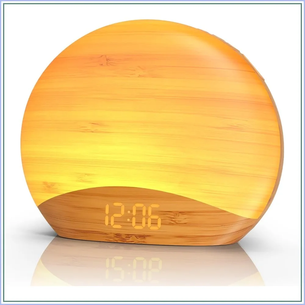 Natural Wood Grain Sunrise Alarm Clock, 26 Soothing Sounds, Dimmable Night Light for Baby Kids Adults