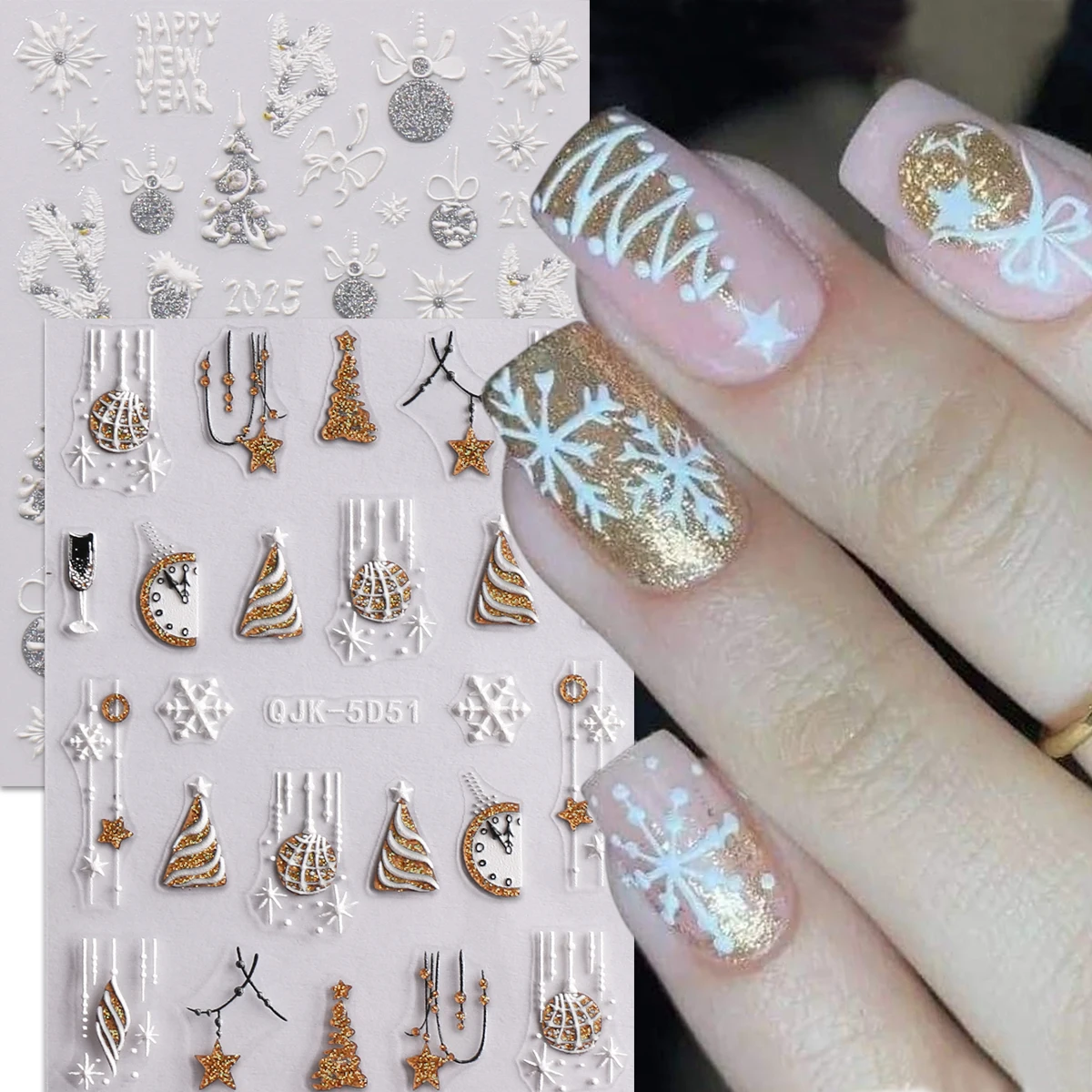 2 Stück weihnachtliche geprägte Nagelkunst-Aufkleber, süßes Cartoon-Thema, einfach aufzutragende Nageldekoration, DIY, Geschenk, Party-Make-up-Look, Y2K