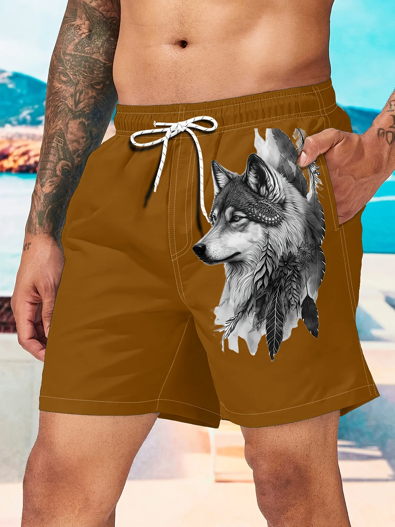 

Men's Shorts Swim Trunks Quick Dry Solid Color Animal Wolf Drawstring Beach Shorts Outdoor Hiking Beach Swimwear