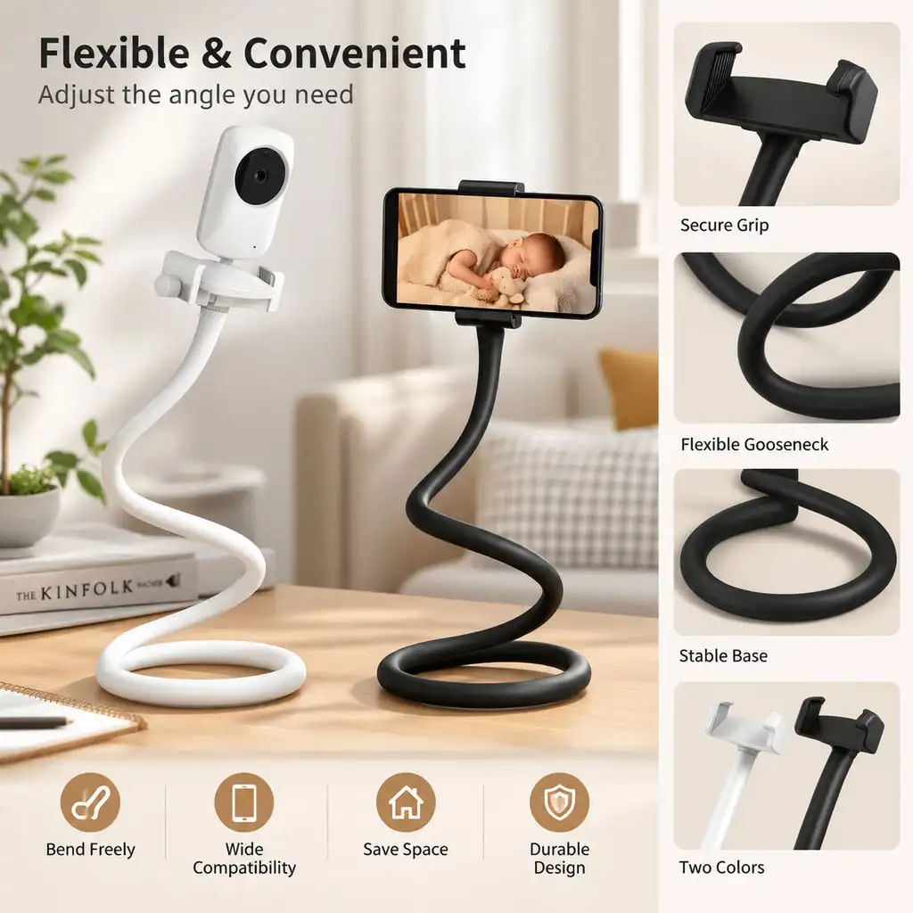 1PC Flexible Rotating Phone Holder Clip Camera Monitor Stand with Silicone Rod for Desk Bedside Office and Baby Monitor Use