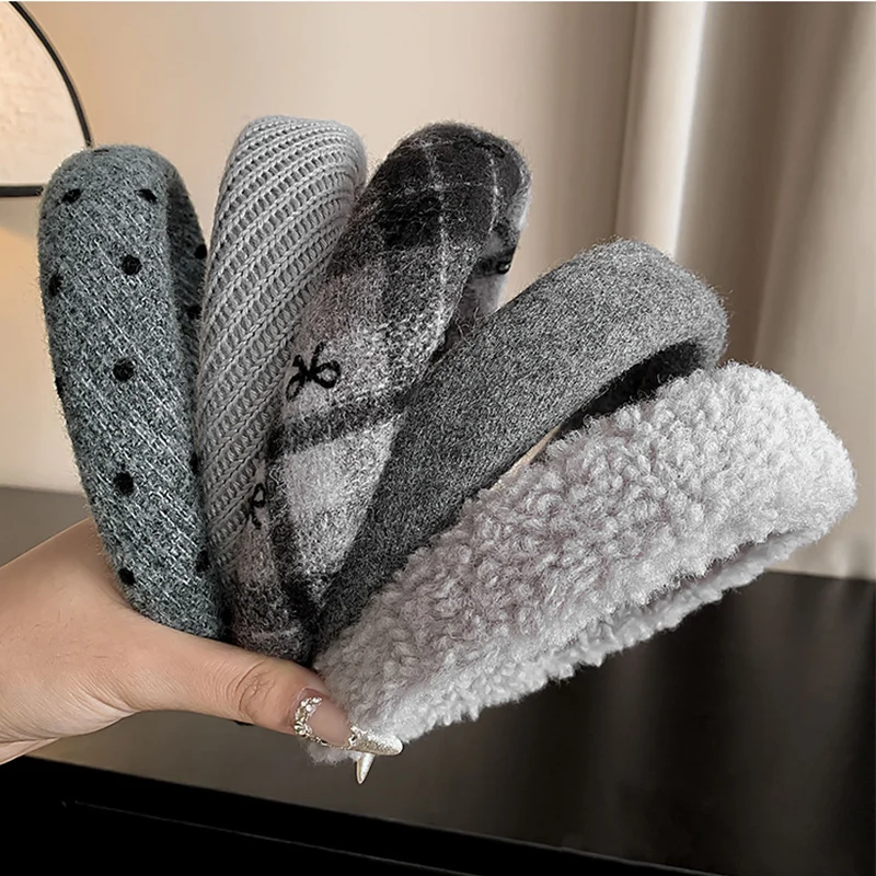 

New Fashion Grey Headbands Retro Knitted Bow Wool Wide Hair Band for Woman Girl Elegant Hair Hoop Lady Winter Hair Accessories