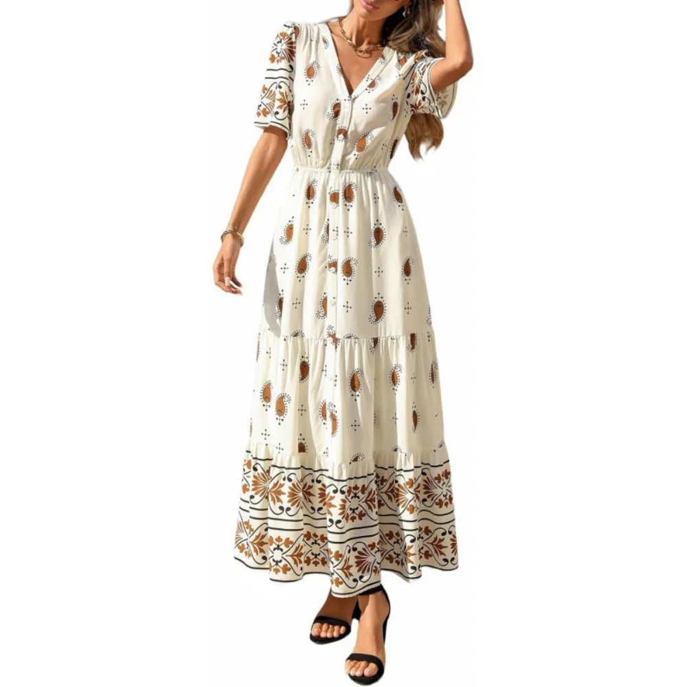Women Summer New Boho V-Neck Short Sleeve Flowy Printed Maxi Dress Bohemian Beach Sundress for Vacation Resort