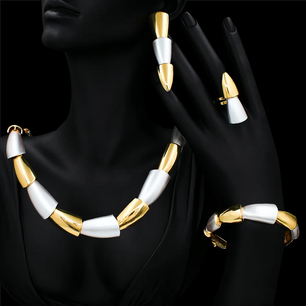 Women Jewelry Set Gold Silver Two-tone Design Dubai Nigeria Trending Necklace Earing Ring Bangle 4PCS Set Jewelry For Party