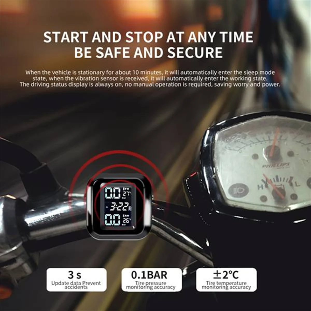 Silnik-motocykl Zewnętrzne czujniki ciśnienia w oponach Energia słoneczna TPMS System monitorowania ciśnienia w oponach Alarm w oponach Cyfrowy