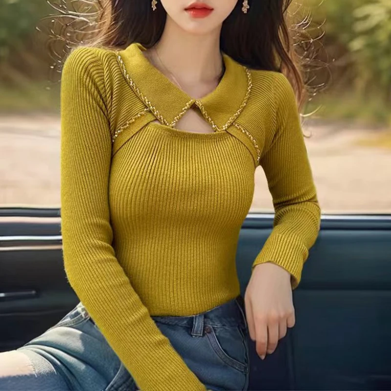 

Женский осенний новый свитер-поло из плотной ажурной вязки с длинным рукавом, облегающий, для ношения под одеждой