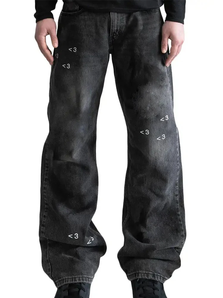 

Новые мужские и женские джинсы с принтом в американском стиле ретро, повседневные потертые джинсы, расклешенные брюки, прямые брюки в стиле хип-хоп
