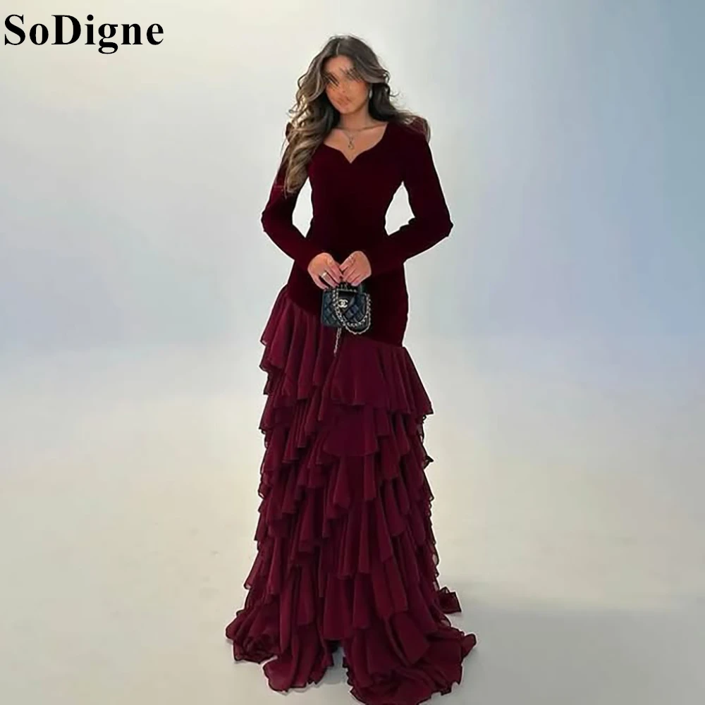 SoDigne Elegant Burgundy Velvet Evening Dresses Mermaid V-Neck Ruffles Tiered Party Dress 2025 Long Sleeves Prom Gown Customized