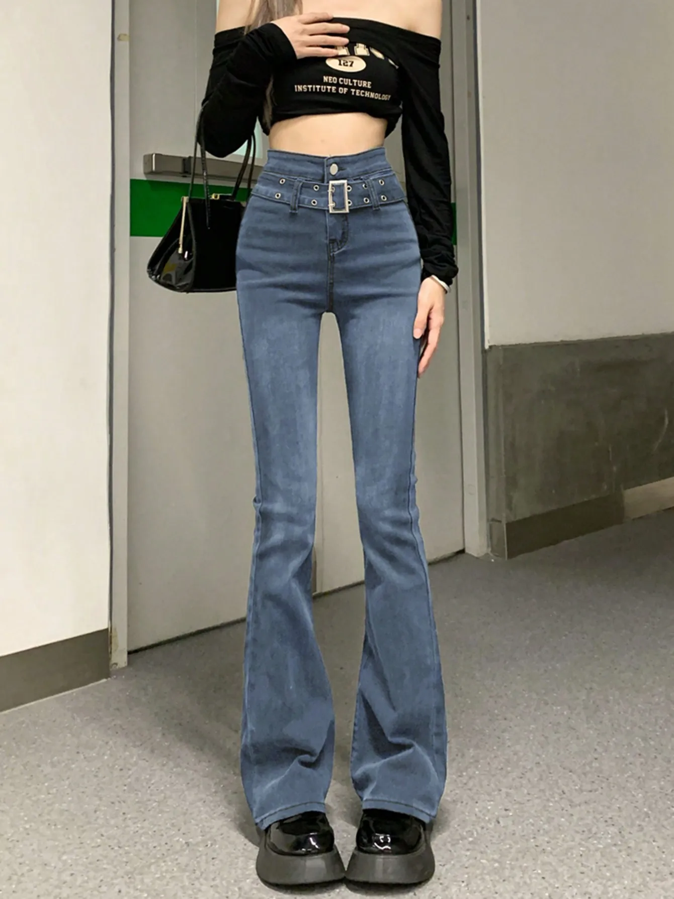 Hong Kong Style Retro High-Waisted Women's Jeans 2024 New Spring & Fall Sexy Style Tummy-Tightening Butt-Lifting Slimming Look Bell-Bottom Pants